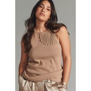 By Anthropologie Crochet Tank Blouse Top Taupe Lace Shirt Sleeveless XS 262124